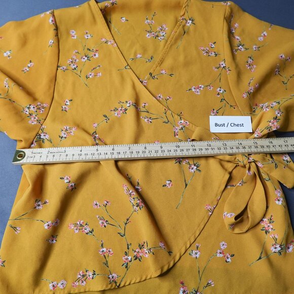 Express Womens Top XS Yellow Floral Sheer Flowy Romantic Coquette Wrap Coastal - Picture 7 of 11